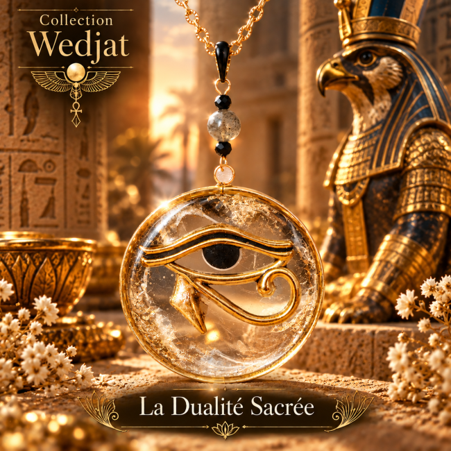 Collier La Dualité Sacrée en labradorite avec Œil d’Horus, création artisanale de la collection Wedjat inspirée de la mythologie égyptienne.
