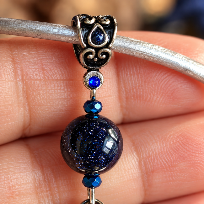 Gros plan sur la bélière travaillée du collier Le Miroir aux Fées, accompagnée d’une perle en pierre de soleil bleue et de perles de verre bleu indigo.