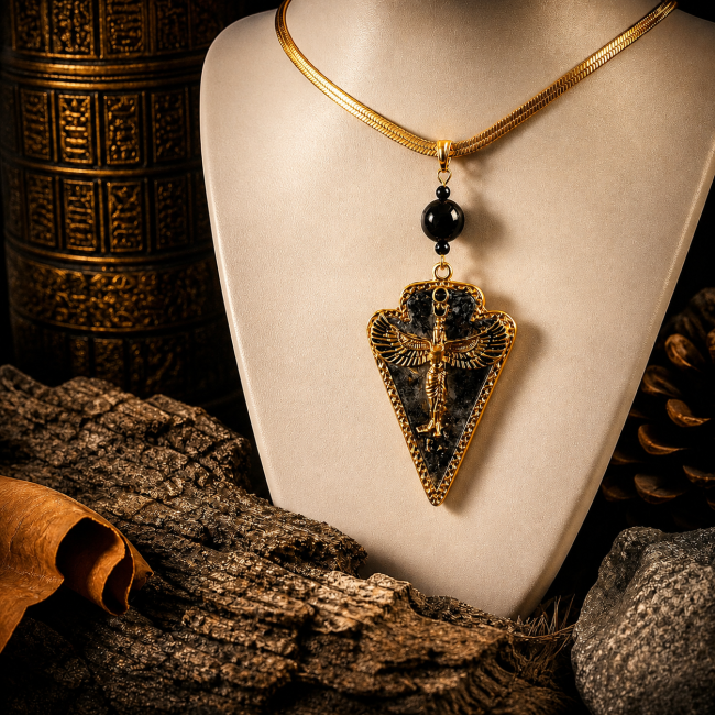 Présentation artistique du collier Isis Voile du Mystère, bijou inspiré de l’Égypte antique mêlant obsidienne noire, acier doré et symbolique sacrée.