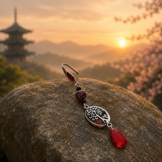 Kodama Le Sang du Cerisier – Esprit des forêts Boucle d’oreille Kodoma délicatement posée sur une pierre moussue au coucher du soleil. Les reflets rouges translucides et l’arbre de vie argenté s’harmonisent avec l’atmosphère paisible d’une forêt japonaise.