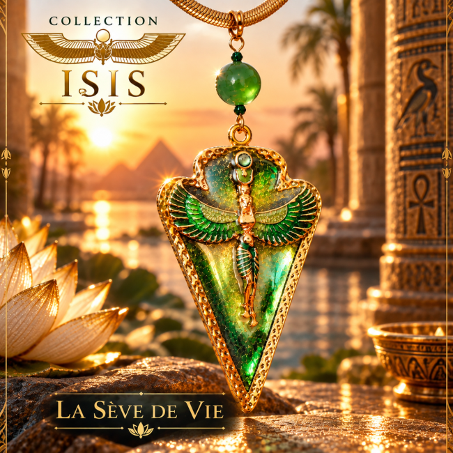 Collier Isis La Sève de Vie, bijou artisanal inspiré de la mythologie égyptienne avec pendentif vert et doré