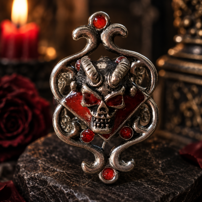 Bague gothique crâne rouge – Le Bal de Méphistophélès Gros plan sur le travail décoratif de la bague Le Bal de Méphistophélès : crâne cornu, volutes métalliques et cabochons rouges au caractère résolument gothique.