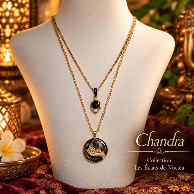 Collier double Chandra – Lune noire et dorée Collier double Chandra noir et doré avec pendentifs lunaires, création artisanale Les Fantaisies d’A, collection Les Éclats de Noctéa.