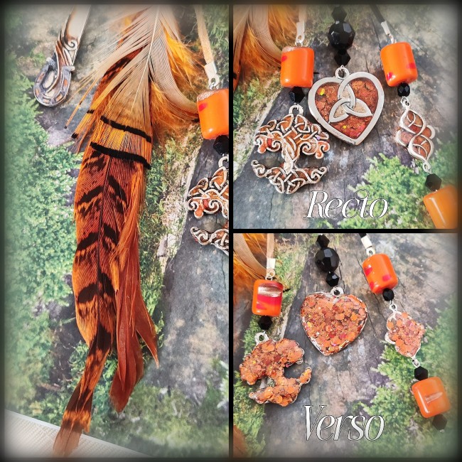 Détails marque page cheval émaille orange solaire plumes breloques Alsvinn