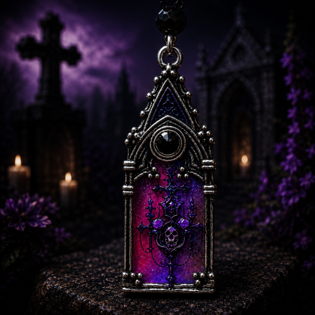 Reliquaire Noctilith Gothique Violet | Collection Les Sœurs de la Nuit Zoom sur un pendentif gothique violet des boucles d’oreilles Noctilith de la collection Les Sœurs de la Nuit, présenté dans un vieux cimetière gothique à la lumière douce.