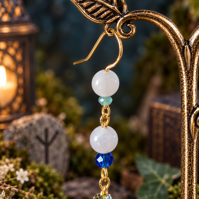 Détail du crochet en acier inoxydable doré et de la perle en pierre de lune d’une boucle d’oreille viking.