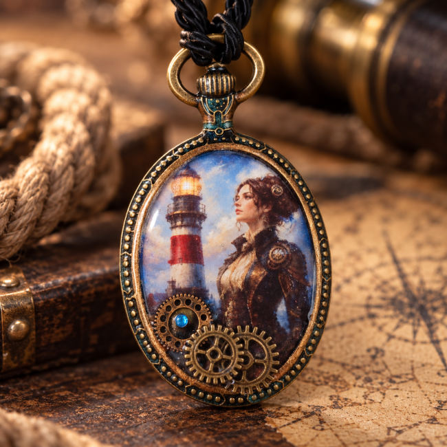Gros plan sur le médaillon d’un collier steampunk, avec une femme aventurière et un phare dans un décor maritime, rehaussé de détails et d’engrenages en laiton.