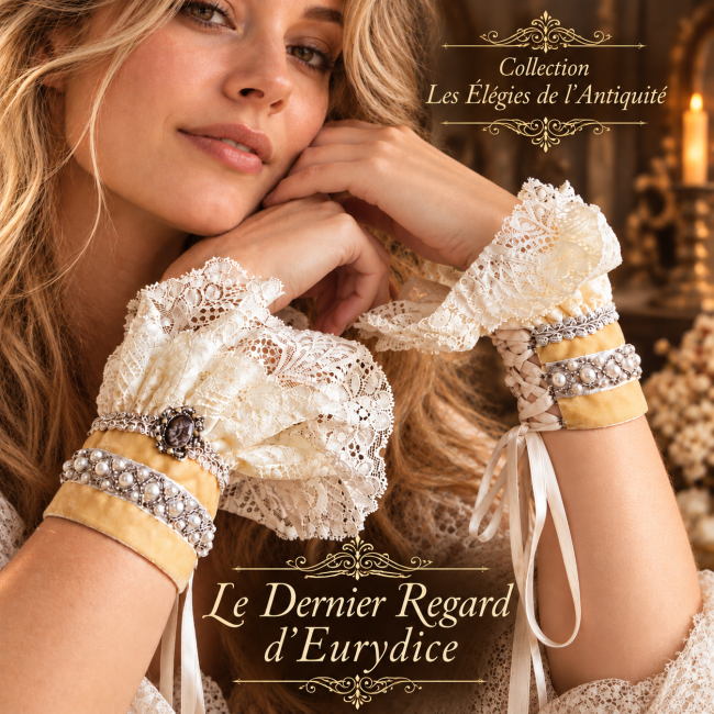 Le Dernier Regard d’Eurydice, paire de manchettes baroques et gothiques de haute couture artisanale. Ces pièces uniques sont cousues à la main en dentelle de Calais ivoire et velours bistre, avec perles brodées et ornements argentés.