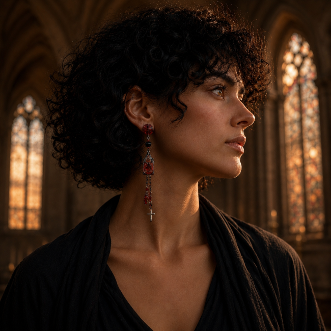 femme portant boucles doreilles longues calveraelle gothiques rouges collection le Femme portant une boucle d’oreille longue gothique Calvéraëlle rouge et noire dans une cathédrale sombre aux vitraux illuminés.