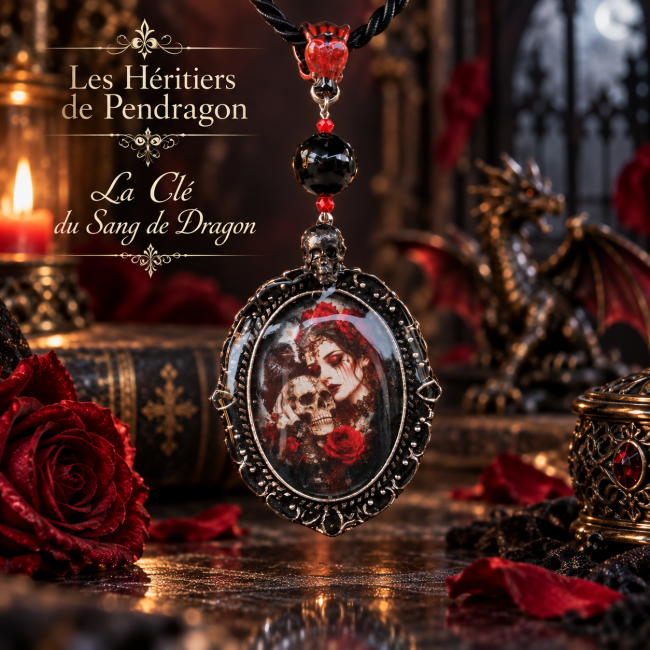 La Clef du Sang de Dragon – Collier gothique artisanal pièce unique Collier gothique artisanal La Clef du Sang de Dragon, création unique aux détails rouges et noirs dans un décor immersif