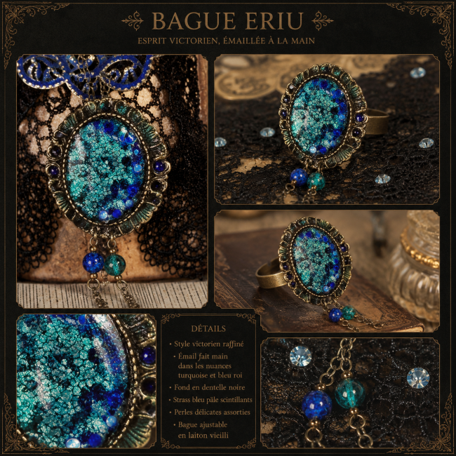 Bague Eriu victorienne émaillée main – Turquoise et bleu roy Collage de la bague Eriu de style victorien, émaillée à la main dans des nuances turquoise et bleu roy, présentée sur fond de dentelle noire et strass bleu pâle.