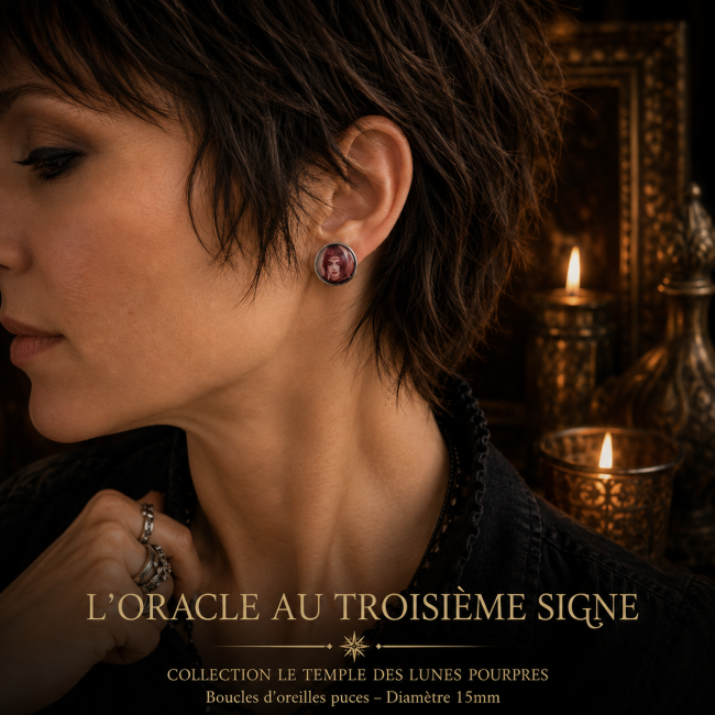 L’Oracle au Troisième Signe – Boucles d’oreilles puces portées Femme aux cheveux courts portant les puces d’oreilles L’Oracle au Troisième Signe de 15 mm