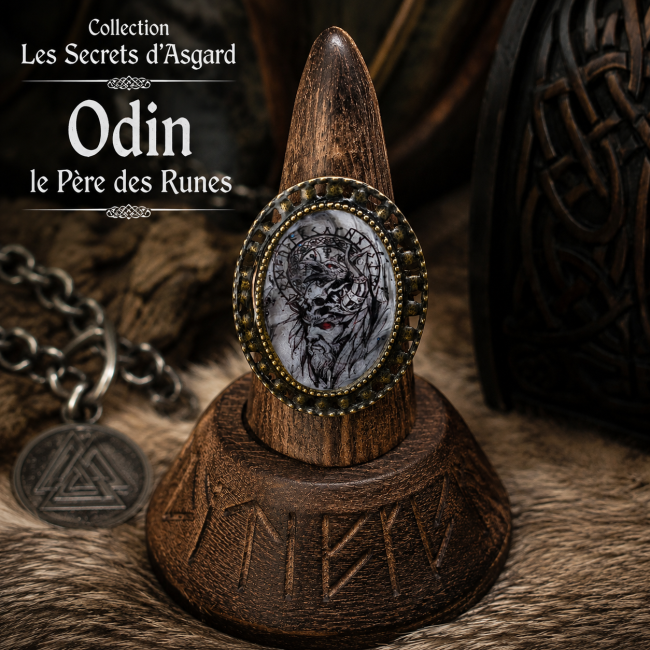 Bague femme réglable en laiton, ornée d’un cabochon ovale émaillé à la main représentant Odin, dans un décor viking inspiré des légendes nordiques.