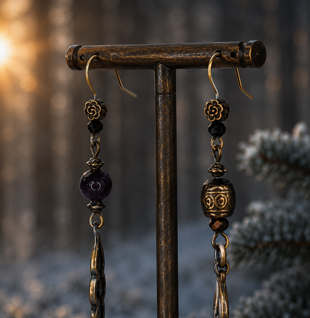 Zoom sur les crochets ornés et les perles des boucles d’oreilles Nuit des Runes. Métal bronze vieilli, perles violettes et ambiance forêt enneigée immersive.