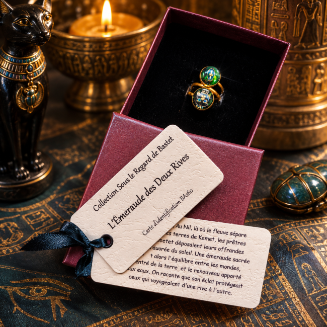 Certificat d’authenticité accompagnant la bague artisanale L’Émeraude des Deux Rives, une création inspirée de l’Égypte ancienne et de l’univers de Bastet. Présentation soignée dans son écrin, avec sa carte d’identification et sa légende.