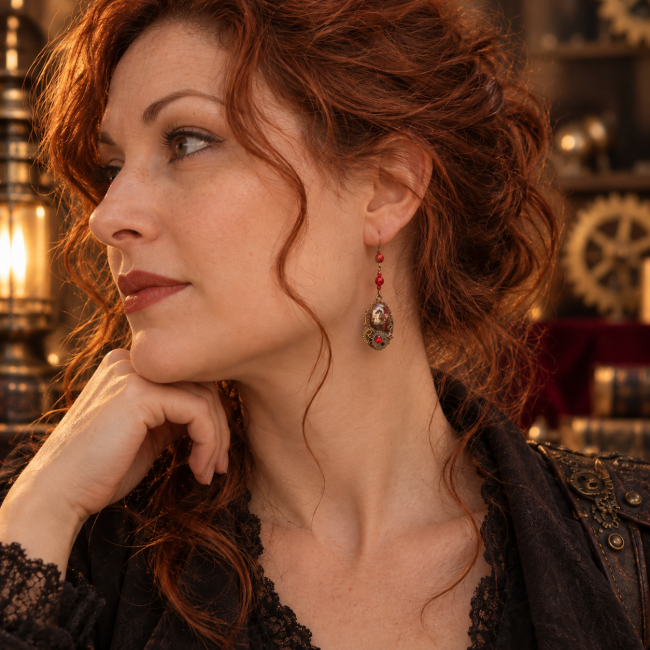 Boucles d’oreilles Les Braises d’Alderys – Dragon Steampunk Victorien Artisanal Les Braises d’Alderys portées, une création artisanale au caractère fantastique, associant dragon, rouge, cuivre et engrenages dans un univers victorien steampunk.