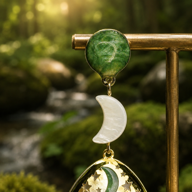 Détail artisanal — Nacre et émaillage vert des boucles Les Hindrès Détail d’une boucle d’oreille Murmures des Sous-Bois, tête d’épingle émaillée à la main en vert et croissant de lune en nacre