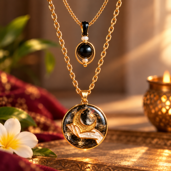 Pendentif Chandra – Détails du motif lunaire Gros plan du pendentif rond Chandra noir et doré, motif lunaire décoratif et finitions détaillées du bijou artisanal.