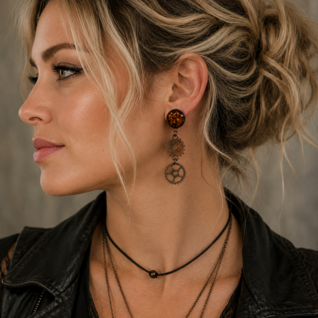 Les Rouages de l'Espérance – Boucles d'oreilles portées Boucles d'oreilles steampunk Les Rouages de l'Espérance portées avec une tenue contemporaine rock bohème chic