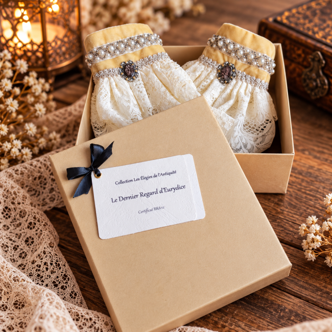 Les manchettes baroques Le Dernier Regard d’Eurydice sont présentées dans leur coffret avec leur certificat d’authenticité. Ces pièces artisanales uniques, cousues à la main en dentelle de Calais ivoire et velours bistre, incarnent l’élégance d’une créati