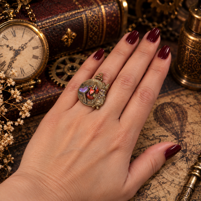 La bague Le Retard du Lapin Blanc portée, une création artisanale originale inspirée d’Alice au pays des merveilles et de l’univers steampunk.