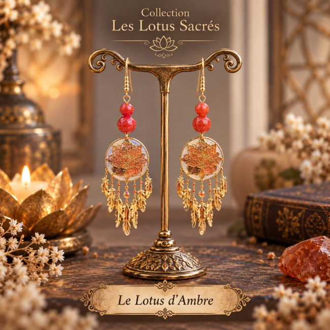 Boucles d’oreilles Le Lotus d’Ambre en cornaline Boucles d’oreilles artisanales Le Lotus d’Ambre ornées de cornaline et d’un lotus finement travaillé, émaillage à la main technique vitrail en transparence, création Les Fantaisies d’A.