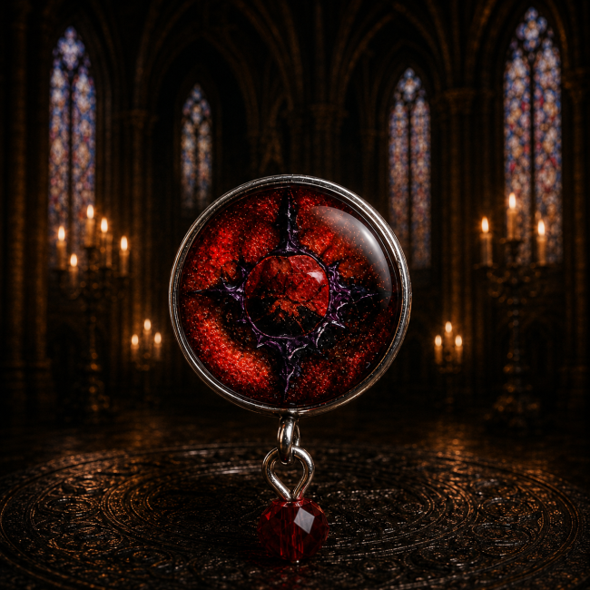cabochon rouge Calvéraëlle gothique boucles d'oreilles Les Sœurs de la Nuit Cabochon rouge cosmique de boucle d’oreille Calvéraëlle avec éclats mystiques et reflet sombre dans une ambiance gothique.