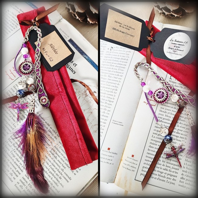 marque-pages steampunk Aléthée avec pochette velours rouge carte d'identification numérotée et carte de présentation