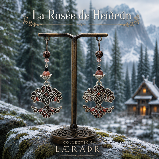 Boucles d'oreilles La Rosée de Heiðrún – Arbre de Vie nordique en rhodonite | Collection Læraðr Boucles d'oreilles artisanales inspirées de la mythologie nordique. Arbre de Vie émaillé à la main, perles de rhodonite véritables et acier inoxydable argenté. Une création de la collection Læraðr, l'arbre sacré du Valhalla.