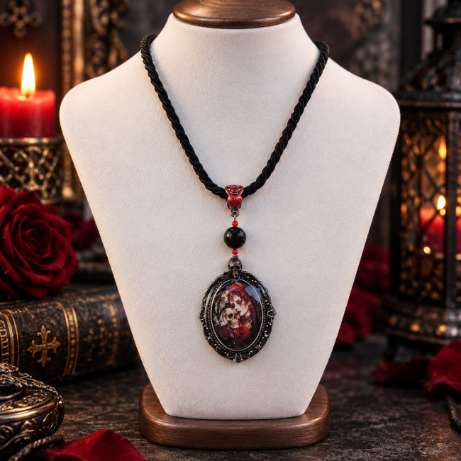 La Clef du Sang de Dragon – Collier gothique artisanal pièce unique La Clef du Sang de Dragon présenté sur présentoir, collier gothique artisanal et pièce unique fait main