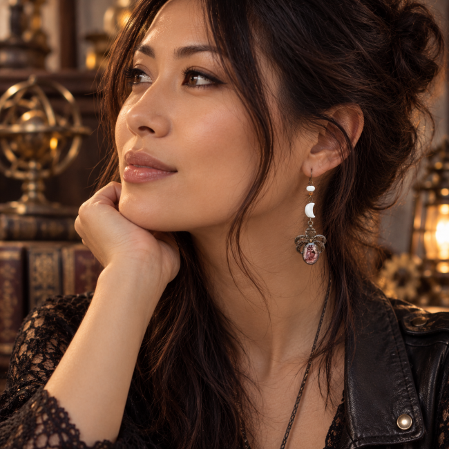 Boucles d’oreilles Les Yeux de la Lune Rousse portées Les Yeux de la Lune Rousse portées par une femme dans un décor steampunk chaleureux, révélant l’élégance et le caractère mystérieux de la création.