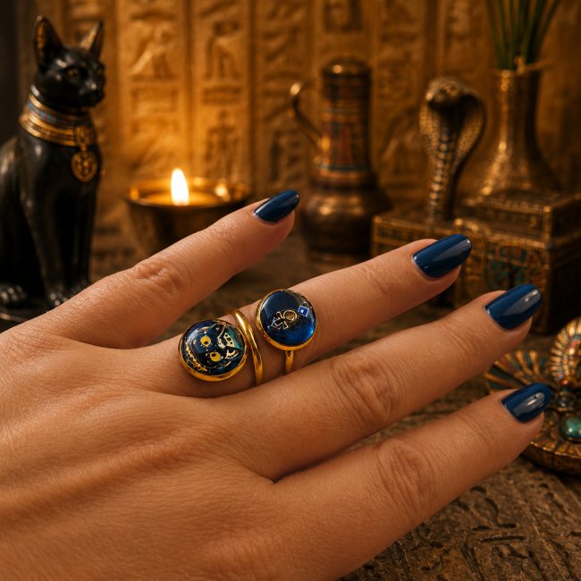 L’Ankh Éternel – Bague réglable à deux cabochons Bague L’Ankh Éternel réglable portée sur la main avec ses deux cabochons émaillés bleu indigo