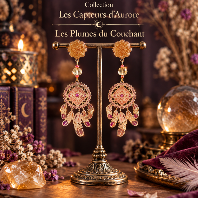 Boucles d’oreilles artisanales Les Plumes du Couchant de la collection Les Capteurs d’Aurore, émaillées à la main avec perles de citrine