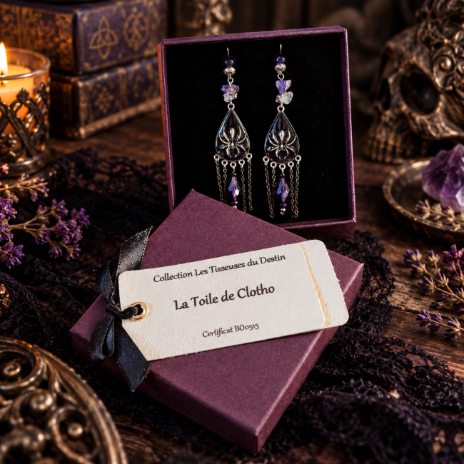 Boucles d’oreilles gothiques artisanales La Toile de Clotho ornées d’améthyste présentées dans leur écrin