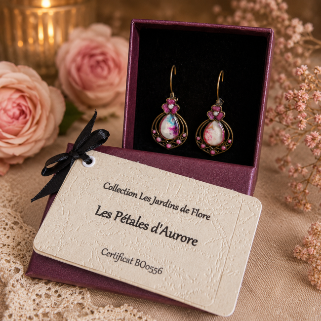Boucles d'oreilles Les Pétales d'Aurore présentées dans leur écrin avec certificat d'authenticité.