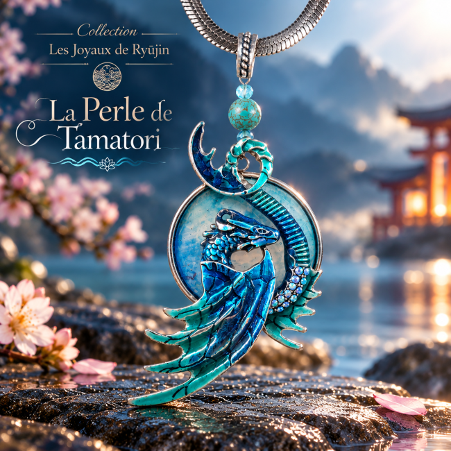 Collier artisanal La Perle de Tamatori de la collection Les Joyaux de Ryūjin, avec médaillon émaillé à la main inspiré d’une légende japonaise.