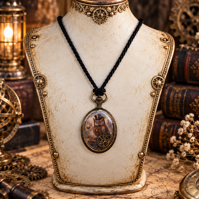 Face chouette du médaillon réversible Le Gardien des Archives. Ce collier steampunk artisanal associe l'univers de la chouette, les engrenages et l'imaginaire des anciens cabinets de curiosités.