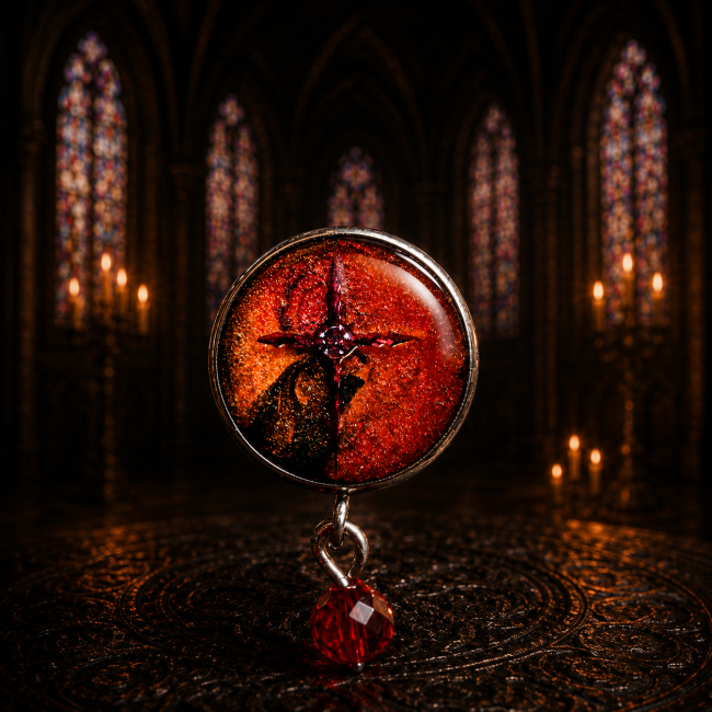 cabochon orange rouge Calvéraëlle oeil gothique vitrail les soeurs de la nuit jpg Ce détail hypnotique dévoile toute l’âme mystique de Calvéraëlle avec ses nuances flamboyantes et sa symbolique sacrée obscure.