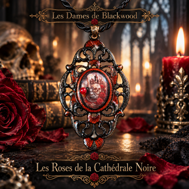 Collier gothique pièce unique Les Roses de la Cathédrale Noire, création artisanale avec cabochon émaillé