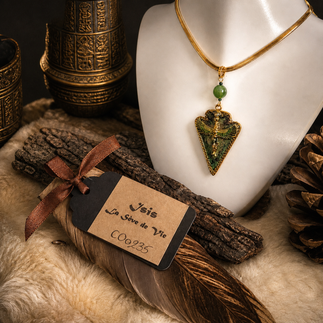 Collier Isis Sève de Vie en aventurine verte et acier inoxydable doré présenté avec son écrin personnalisé inspiré de l’Égypte antique.