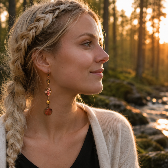 Portrait réaliste mettant en scène les boucles d’oreilles La Source d’Ambre. Bijou artisanal en laiton vieilli, perles et médaillon arbre de vie dans une atmosphère nordique douce et naturelle.