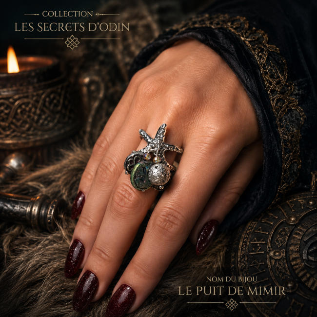 Bague viking femme réglable « Le Puits de Mimir », en acier inoxydable martelé, ornée de breloques, de motifs celtiques et d’hématite véritable, portée dans un décor nordique immersif.
