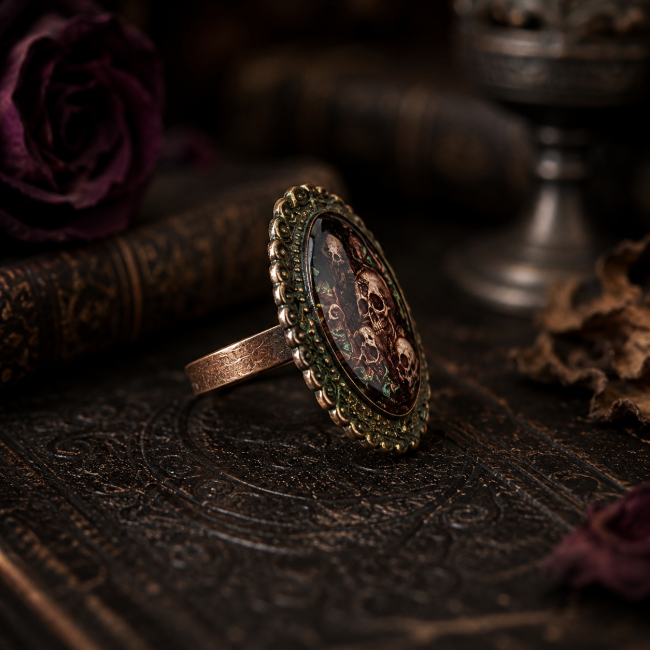 Bague gothique Le Sceau d’Érèbe – Vue trois-quarts Vue trois-quarts du Sceau d’Érèbe mettant en valeur son imposant cabochon ovale, sa monture en laiton et ses détails travaillés.
