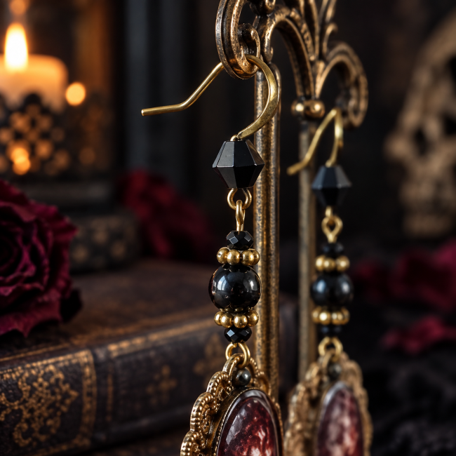 Zoom sur les crochets et le montage de perles noires des boucles d’oreilles gothiques Le Baiser du Corbeau