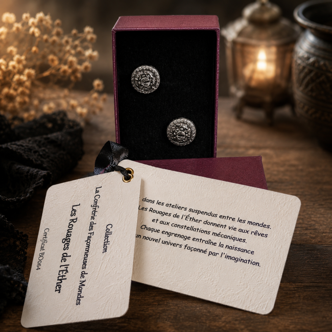 Coffret de présentation mettant en valeur les boucles d'oreilles, leur carte d'identification et l'histoire de la collection.