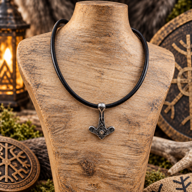 Collier viking Le Regard de Muninn – Création artisanale inspirée d’Odin Collier viking Le Regard de Muninn présenté sur un support en bois clair, création artisanale inspirée de la mythologie nordique