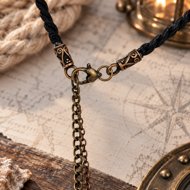 Gros plan sur le fermoir du collier La Gardienne du Dernier Phare et ses finitions. Chaque détail contribue à l'identité de cette pièce unique d’artisanat d’Art.