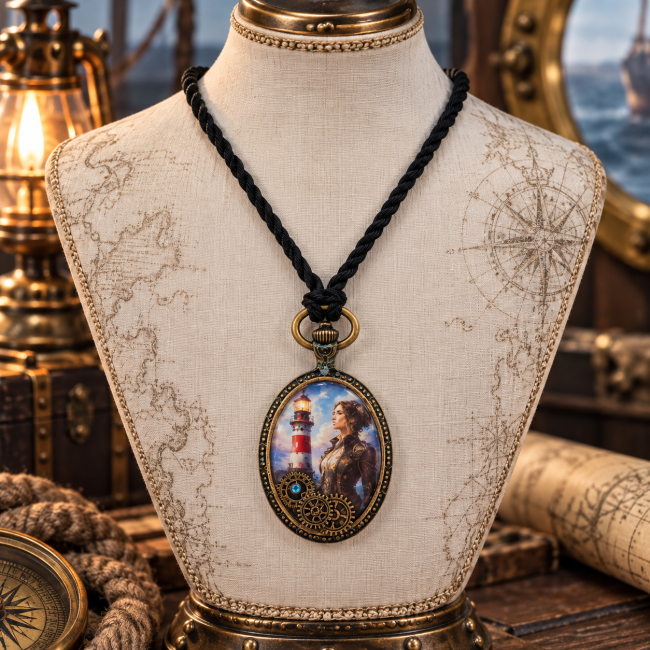 Vue détaillée du médaillon face 1 d’un collier steampunk représentant une femme exploratrice devant un phare, entourée d’engrenages et de détails mécaniques.