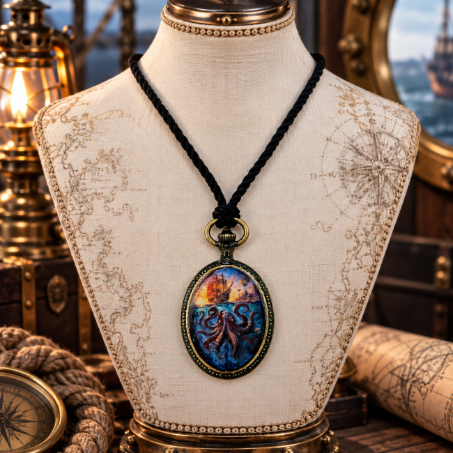 Vue détaillée du médaillon face 2 d’un collier steampunk inspiré de l’univers maritime, représentant une pieuvre au milieu des flots, un navire à voile et des engrenages en laiton.