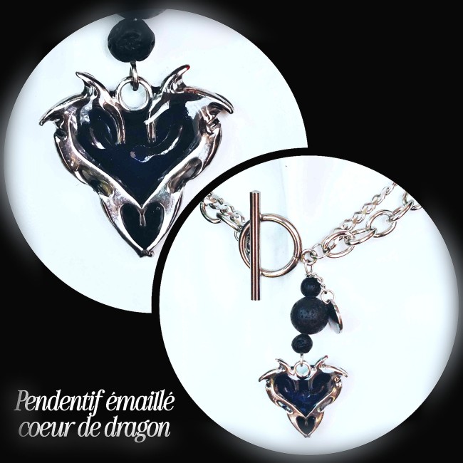 Pendentif en forme de cœur de dragons, formé par deux créatures stylisées qui se rejoignent dans une étreinte éternelle, émaillage  translucide noir fait à la main. Fermeture frontale en 